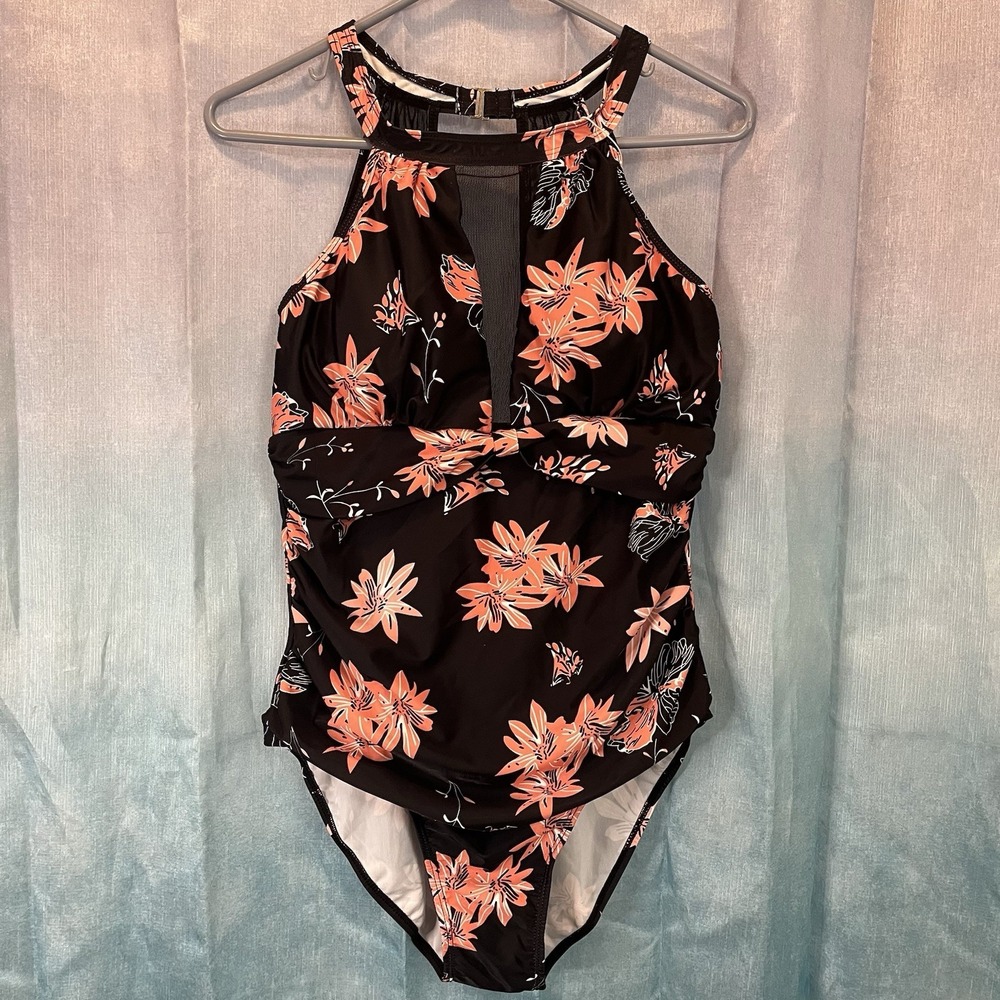 Women's One Piece Swimsuit Black/Coral Floral Stretch‎ 12 Crazy Large NWT